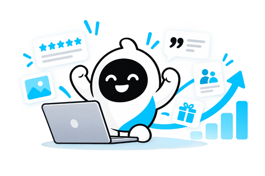 Flo at a laptop, with reviews, photos, testimonials, referrals and rewards