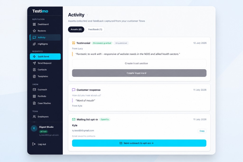 Testimo activity feed showing assets collected from customer flows