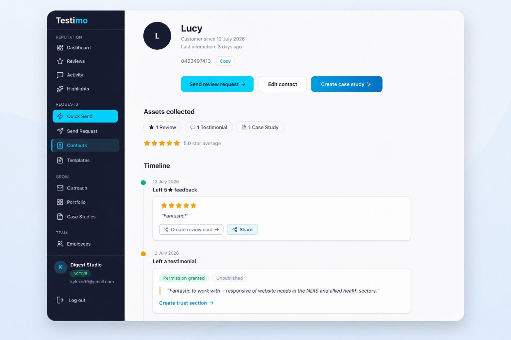 Testimo customer profile showing every asset in one place