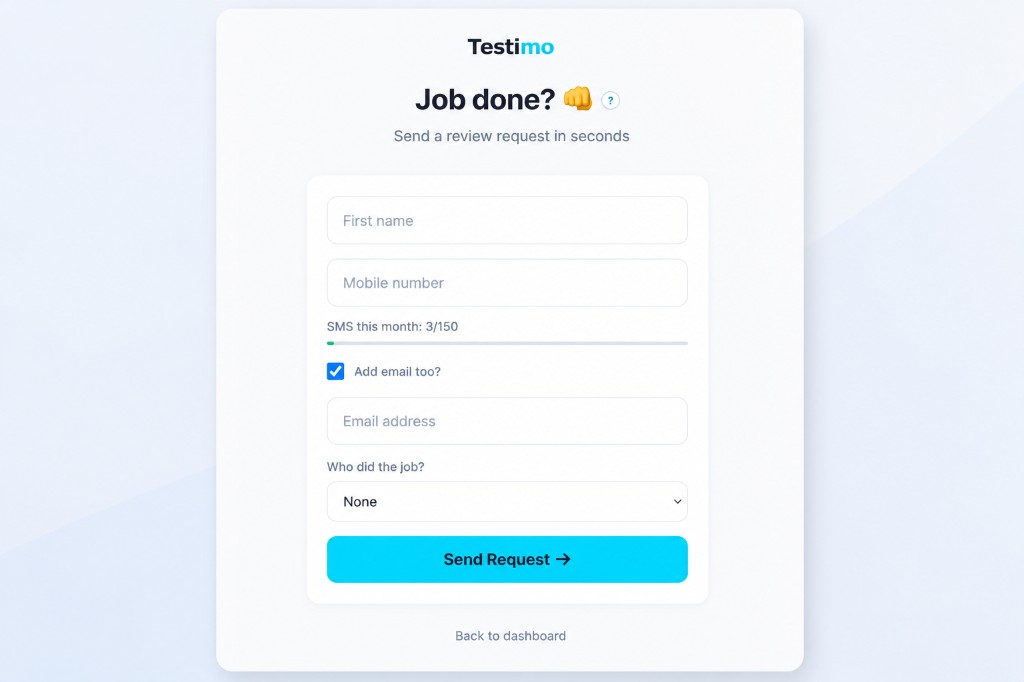 Testimo Quick Send screen for sending review requests via SMS after a job